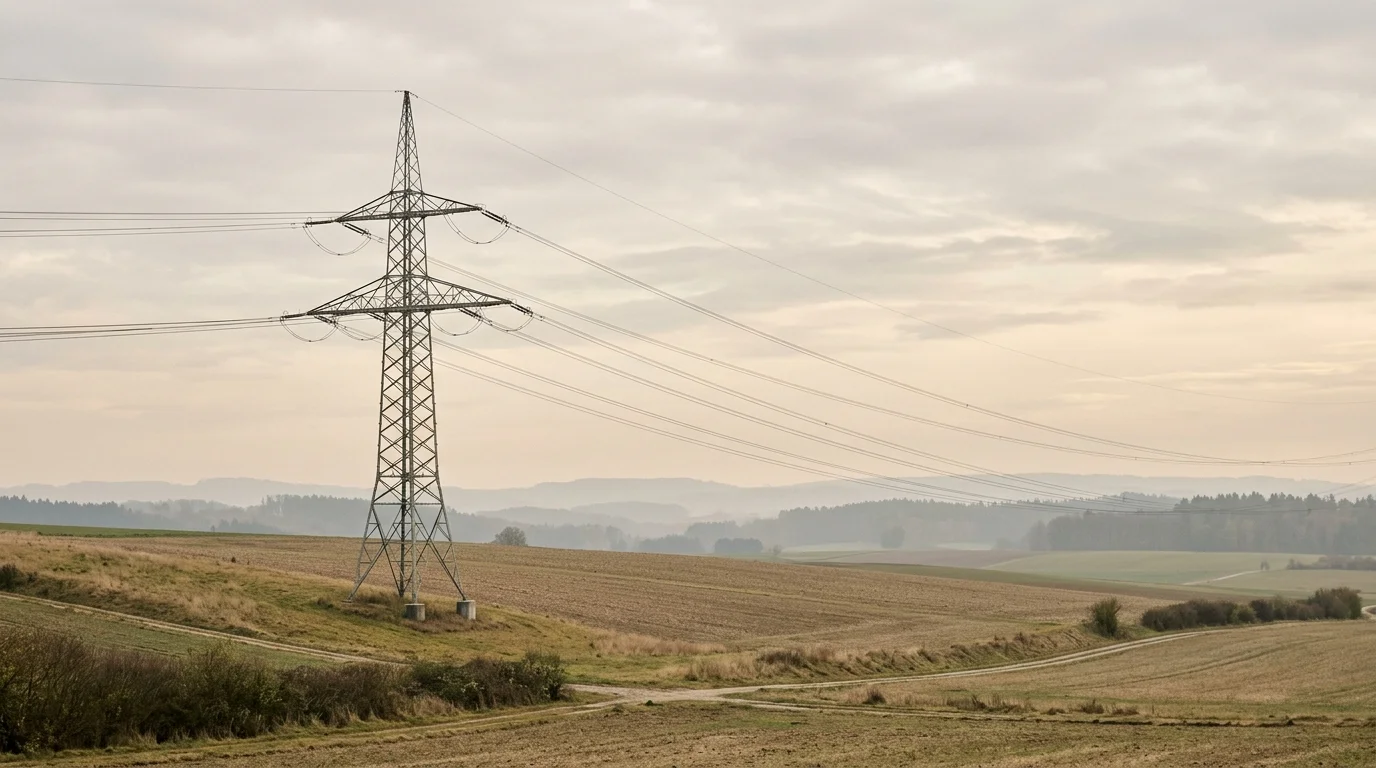 Hochspannungsmast in sanft gewellter bayerischer Feldlandschaft