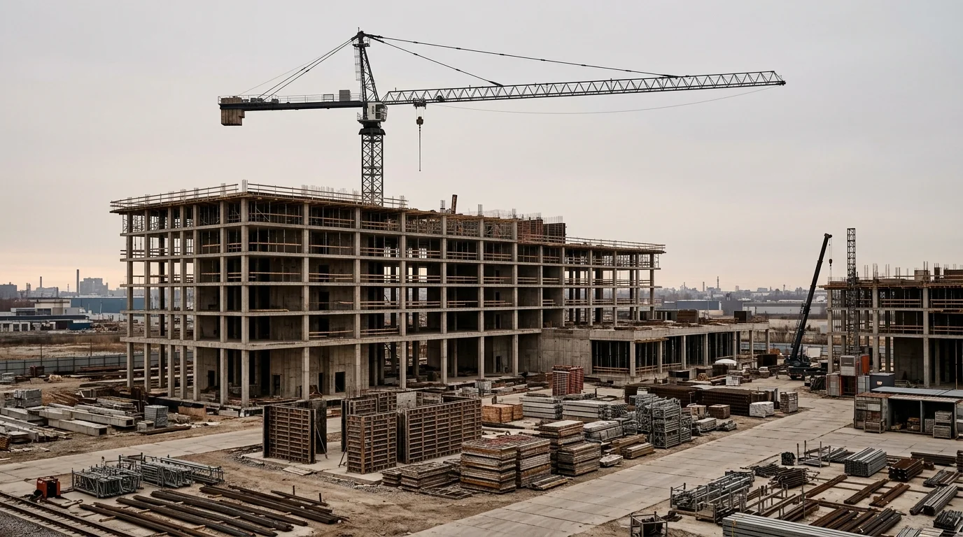Baustelle im ersten Licht mit Turmdrehkran über einem Betonrohbau